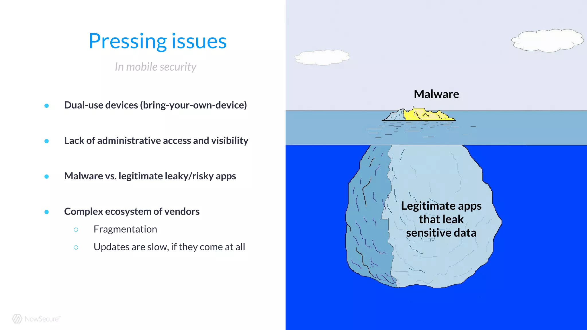 © Copyright 2016 NowSecure, Inc. All Rights Reserved. Proprietary information. Do not distribute.
Pressing issues
● Dual-use devices (bring-your-own-device)
● Lack of administrative access and visibility
● Malware vs. legitimate leaky/risky apps
● Complex ecosystem of vendors
○ Fragmentation
○ Updates are slow, if they come at all
In mobile security
Malware
Legitimate apps
that leak
sensitive data
 