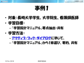 事例１
• 対象：長崎大学学生、大学院生、看護師医師
• 学習目標：
– 『学習設計マニュアル』要点抽出・共有
• 学習方法：
– アクティブ・ブック・ダイアログに準じて、
– 『学習設計マニュアル』から1章選び、要約、共有
10 Nov 2018 ID医療 勉強会
 