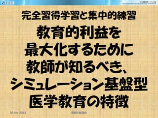 完全習得学習と集中的練習
教育的利益を
最大化するために
教師が知るべき、
シミュレーション基盤型
医学教育の特徴10 Nov 2018 ID医療 勉強会
 