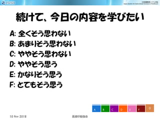 続けて、今日の内容を学びたい
A: 全くそう思わない
B: あまりそう思わない
C: ややそう思わない
D: ややそう思う
E: かなりそう思う
F: とてもそう思う
0A B C D E F
10 Nov 2018 ID医療 勉強会
 