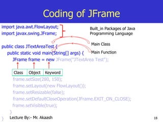 18
Coding of JFrame
import java.awt.FlowLayout;
import javax.swing.JFrame;
public class JTextAreaTest {
public static void main(String[] args) {
JFrame frame = new JFrame("JTextArea Test");
frame.setSize(280, 150);
frame.setLayout(new FlowLayout());
frame.setResizable(false);
frame.setDefaultCloseOperation(JFrame.EXIT_ON_CLOSE);
frame.setVisible(true);
}
}
Built_in Packages of Java
Programming Language
Main Class
Main Function
Class Object Keyword
Lecture By:- Mr. Akaash
 