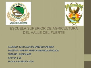 ESCUELA SUPERIOR DE AGRICULTURA
DEL VALLE DEL FUERTE

ALUMNO: JULIO ALONSO SAÑUDO CABRERA
MAESTRA: MARINA MIREYA MIRANDA APODACA
TRABAJO: SLIDESHARE
GRUPO: 1-05
FECHA: 6-FEBRERO-2014

 