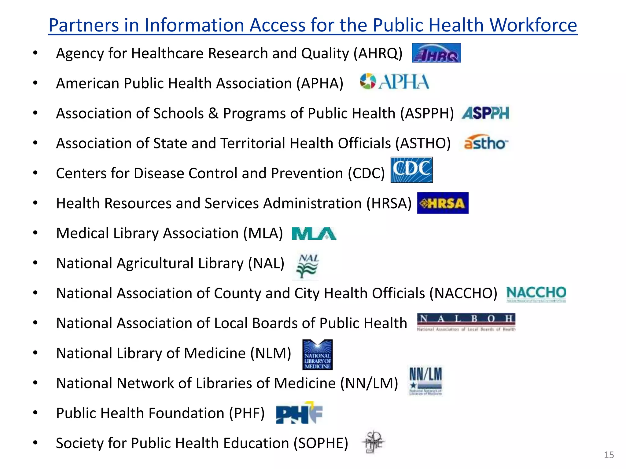 Partners in Information Access for the Public Health Workforce
• Agency for Healthcare Research and Quality (AHRQ)
• American Public Health Association (APHA)
• Association of Schools & Programs of Public Health (ASPPH)
• Association of State and Territorial Health Officials (ASTHO)
• Centers for Disease Control and Prevention (CDC)
• Health Resources and Services Administration (HRSA)
• Medical Library Association (MLA)
• National Agricultural Library (NAL)
• National Association of County and City Health Officials (NACCHO)
• National Association of Local Boards of Public Health
• National Library of Medicine (NLM)
• National Network of Libraries of Medicine (NN/LM)
• Public Health Foundation (PHF)
• Society for Public Health Education (SOPHE)
15
 