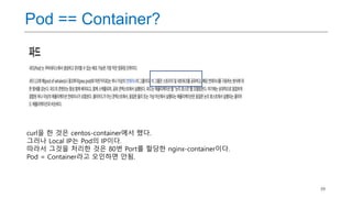 39
Pod == Container?
curl을 한 것은 centos-container에서 했다.
그러나 Local IP는 Pod의 IP이다.
따라서 그것을 처리한 것은 80번 Port를 할당한 nginx-container이다.
Pod = Container라고 오인하면 안됨.
 