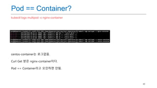 40
Pod == Container?
kubectl logs multipod -c nginx-container
centos-container는 로그없음.
Curl Get 받은 nginx-container이다.
Pod == Container라고 오인하면 안됨.
 