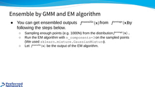 ● You can get ensembled outputs from by
following the steps below. 
○ Sampling enough points (e.g. 1000N) from the distribution .  
○ Run the EM algorithm with n_components=3on the sampled points  
(We used sklearn.mixture.GaussianMixture). 
○ Let be the output of the EM algorithm. 
Ensemble by GMM and EM algorithm
 