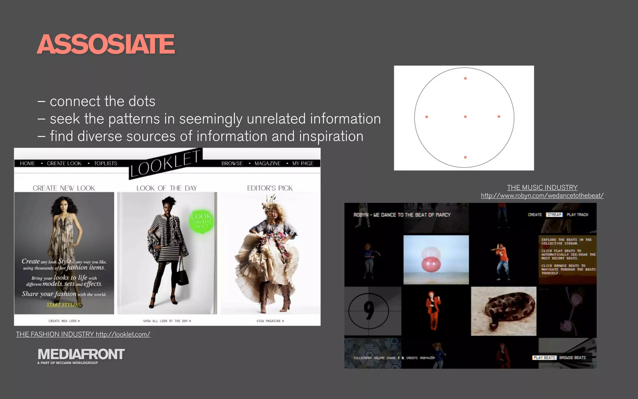 ASSOSIATE
      – connect the dots
      – seek the patterns in seemingly unrelated information
      – ﬁnd diverse sources of information and inspiration


                                                                        THE MUSIC INDUSTRY
                                                               http://www.robyn.com/wedancetothebeat/




THE FASHION INDUSTRY http://looklet.com/


      MEDIAFRONT
      A PART OF MCCANN WORLDGROUP
 