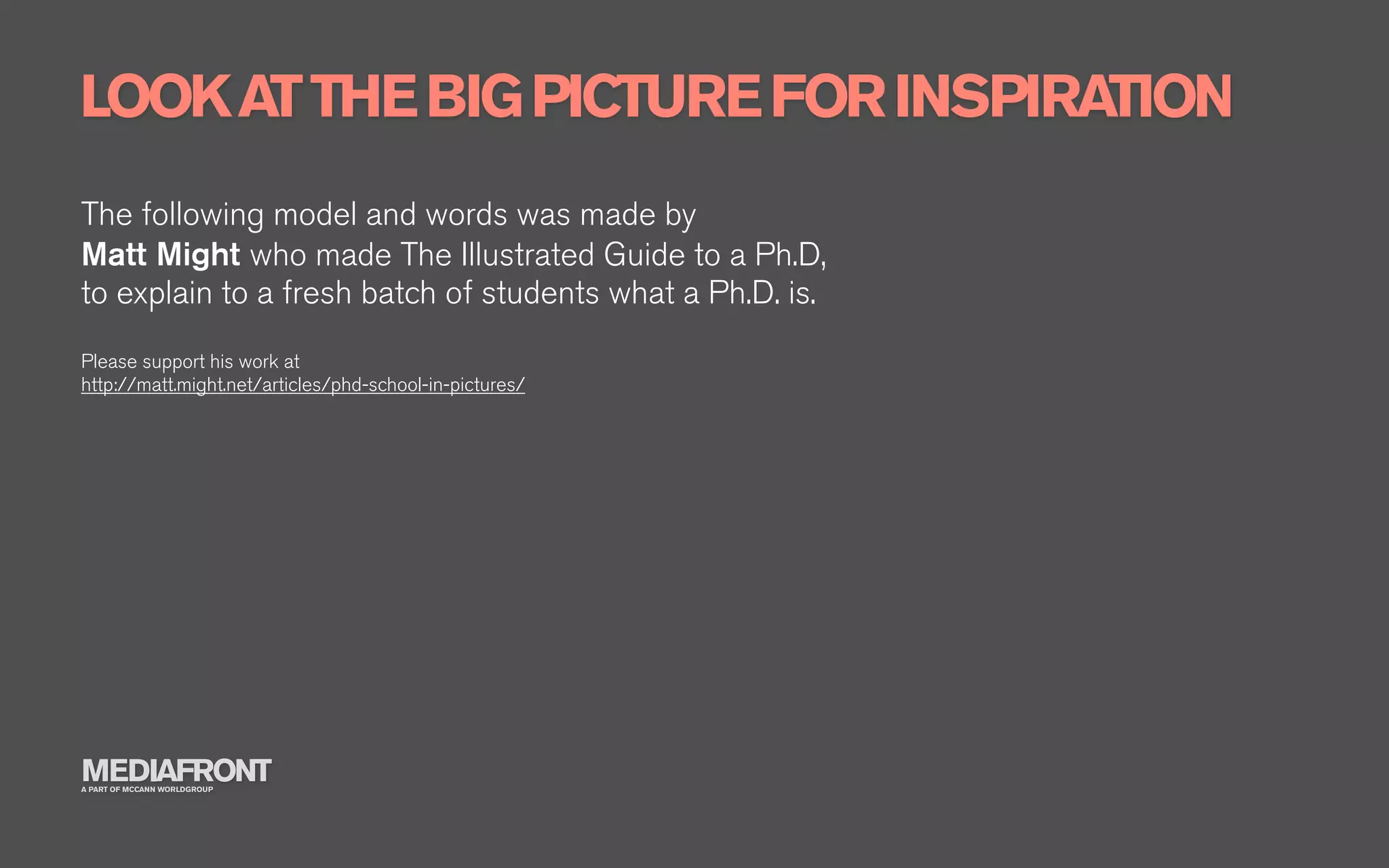LOOK AT THE BIG PICTURE FOR INSPIRATION
The following model and words was made by
Matt Might who made The Illustrated Guide to a Ph.D,
to explain to a fresh batch of students what a Ph.D. is.
Please support his work at
http://matt.might.net/articles/phd-school-in-pictures/




MEDIAFRONT
A PART OF MCCANN WORLDGROUP
 