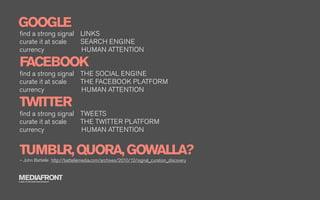 GOOGLE
ﬁnd a strong signal LINKS
curate it at scale  SEARCH ENGINE
currency            HUMAN ATTENTION

FACEBOOK
ﬁnd a strong signal THE SOCIAL ENGINE
curate it at scale  THE FACEBOOK PLATFORM
currency            HUMAN ATTENTION

TWITTER
ﬁnd a strong signal TWEETS
curate it at scale  THE TWITTER PLATFORM
currency            HUMAN ATTENTION


TUMBLR, QUORA, GOWALLA?
– John Battelle http://battellemedia.com/archives/2010/12/signal_curation_discovery



MEDIAFRONT
A PART OF MCCANN WORLDGROUP
 