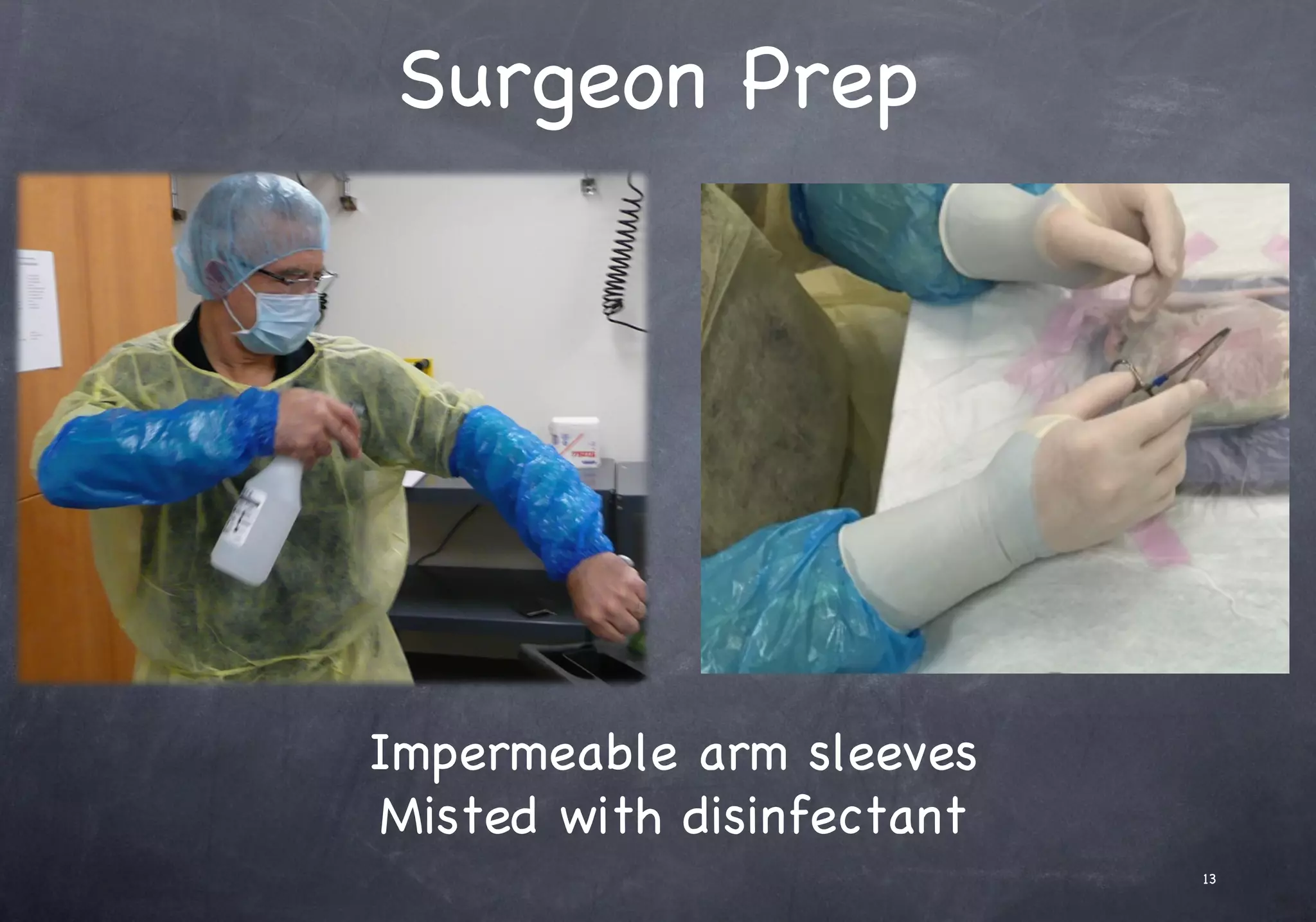 Surgeon Prep
Impermeable arm sleeves
Misted with disinfectant
13
 