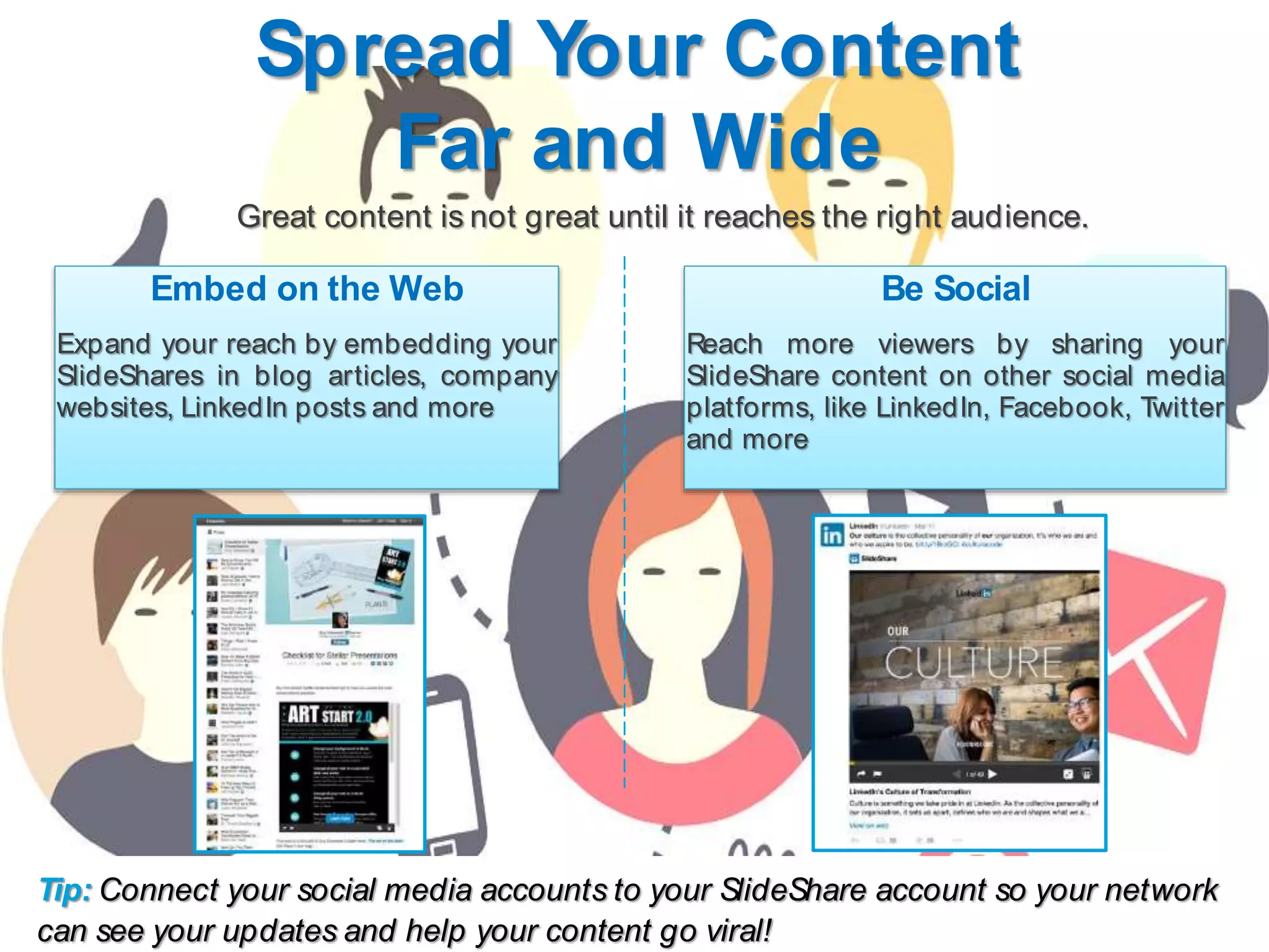 Spread Your Content
Far and Wide
Great content is not great until it reaches the right audience.
Embed on the Web
Expand your reach by embedding your
SlideShares in blog articles, company
websites, LinkedIn posts and more
Be Social
Reach more viewers by sharing your
SlideShare content on other social media
platforms, like LinkedIn, Facebook, Twitter
and more
Tip: Connect your social media accounts to your SlideShare account so your network
can see your updates and help your content go viral!
 
