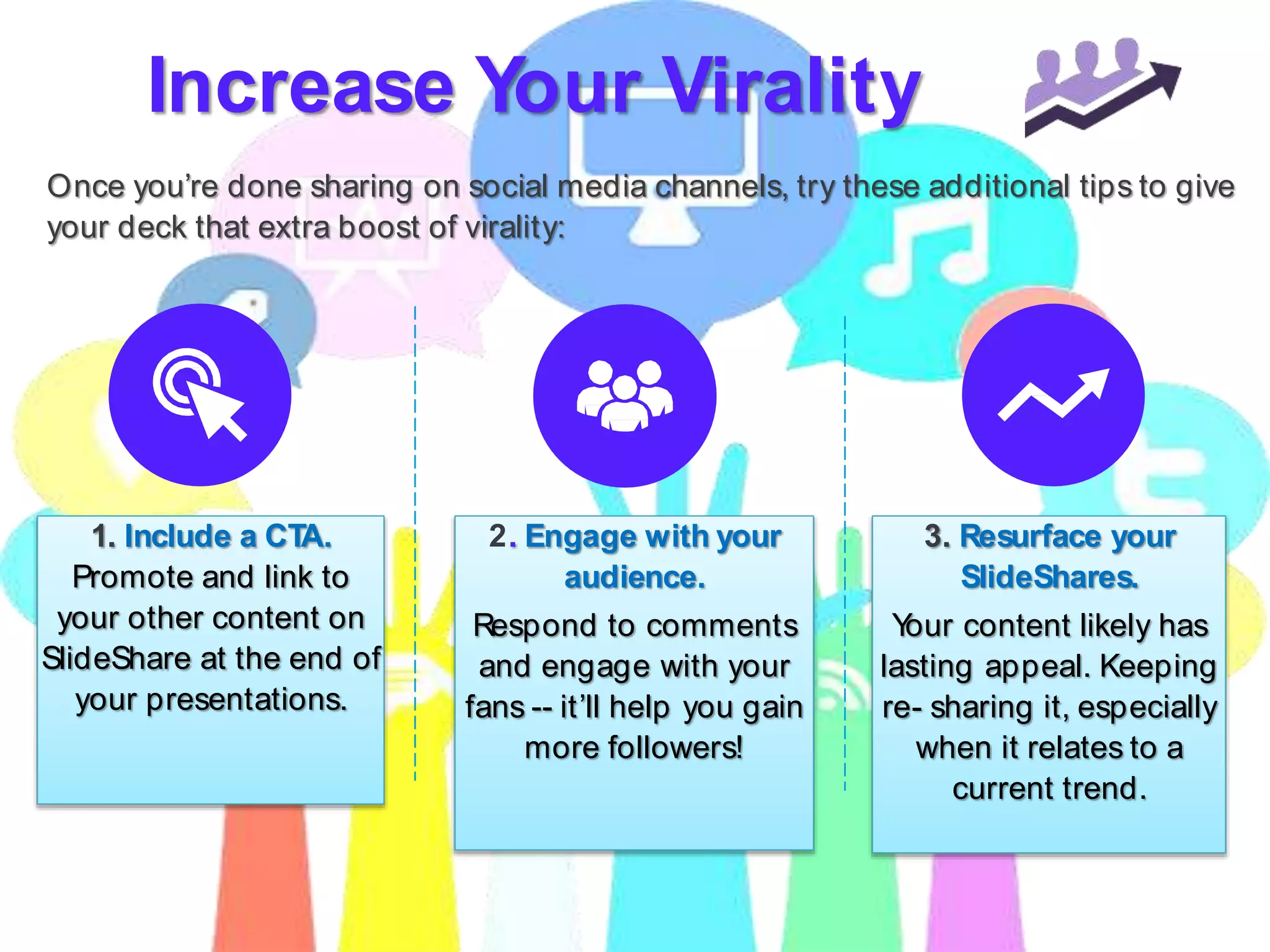 Increase Your Virality
Once you’re done sharing on social media channels, try these additional tips to give
your deck that extra boost of virality:
1. Include a CTA.
Promote and link to
your other content on
SlideShare at the end of
your presentations.
2. Engage with your
audience.
Respond to comments
and engage with your
fans -- it’ll help you gain
more followers!
3. Resurface your
SlideShares.
Your content likely has
lasting appeal. Keeping
re- sharing it, especially
when it relates to a
current trend.
 