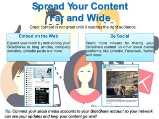 Spread Your Content
Far and Wide
Great content is not great until it reaches the right audience.
Embed on the Web
Expand your reach by embedding your
SlideShares in blog articles, company
websites, LinkedIn posts and more
Be Social
Reach more viewers by sharing your
SlideShare content on other social media
platforms, like LinkedIn, Facebook, Twitter
and more
Tip: Connect your social media accounts to your SlideShare account so your network
can see your updates and help your content go viral!
 