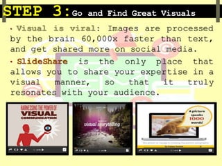 STEP 3:Go and Find Great Visuals
• Visual is viral: Images are processed
by the brain 60,000x faster than text,
and get shared more on social media.
• SlideShare is the only place that
allows you to share your expertise in a
visual manner, so that it truly
resonates with your audience.
 