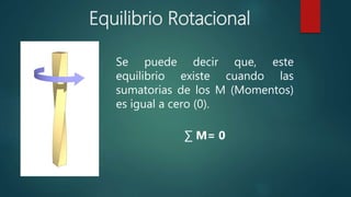 Se puede decir que, este
equilibrio existe cuando las
sumatorias de los M (Momentos)
es igual a cero (0).
∑ M= 0
Equilibrio Rotacional
 