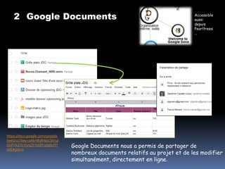 2 Google Documents                                                         Accessible
                                                                               aussi
                                                                               depuis
                                                                               Pearltrees
                                                                               …




https://docs.google.com/spreads
heet/ccc?key=0AkH83RWoC6V5d
GhPYkZSVXU5ZFYzQlY1bjdIcFFi       Google Documents nous a permis de partager de
akE#gid=0
                                  nombreux documents relatifs au projet et de les modifier
                                  simultanément, directement en ligne.
 