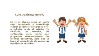 CONCEPCIÓN DEL ALUMNO




Se ve al alumno como un sujeto
cuyo desempeño y aprendizaje
escolar pueden ser arreglados o re-
arreglados desde el exterior (la
situación, los métodos, los
contenidos, etc.), basta con
programar adecuadamente los
insumos educativos, para que se
logre el aprendizaje de conductas
académicas deseables.
 