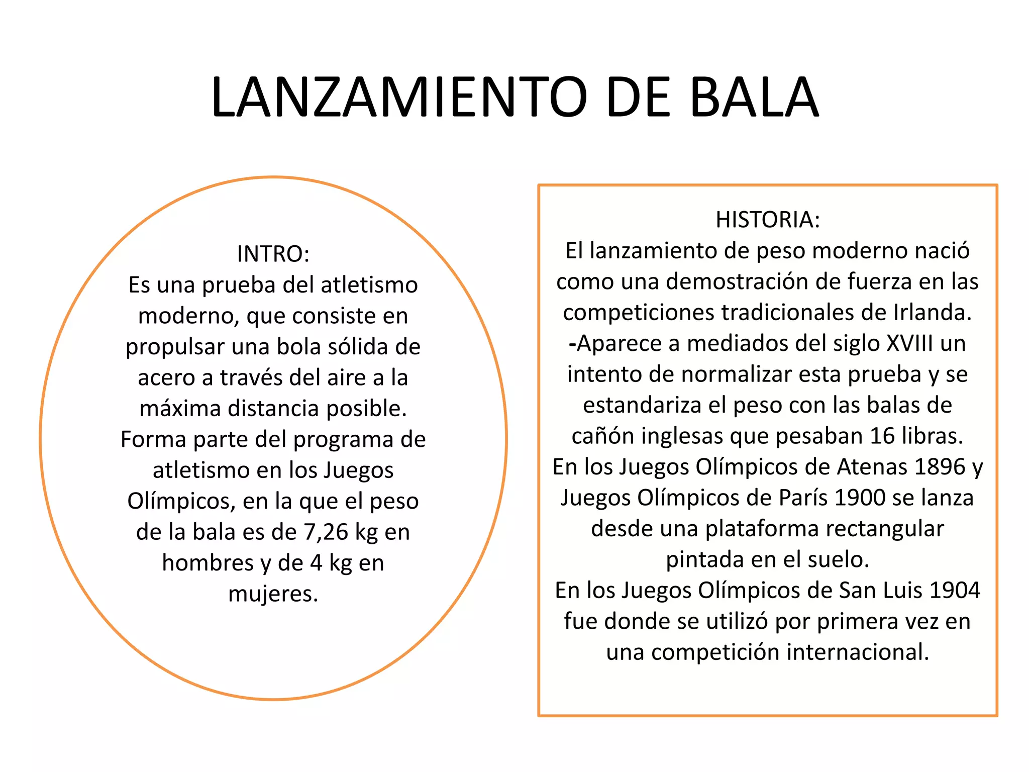 LANZAMIENTO DE BALA
INTRO:
Es una prueba del atletismo
moderno, que consiste en
propulsar una bola sólida de
acero a través del aire a la
máxima distancia posible.
Forma parte del programa de
atletismo en los Juegos
Olímpicos, en la que el peso
de la bala es de 7,26 kg en
hombres y de 4 kg en
mujeres.
HISTORIA:
El lanzamiento de peso moderno nació
como una demostración de fuerza en las
competiciones tradicionales de Irlanda.
-Aparece a mediados del siglo XVIII un
intento de normalizar esta prueba y se
estandariza el peso con las balas de
cañón inglesas que pesaban 16 libras.
En los Juegos Olímpicos de Atenas 1896 y
Juegos Olímpicos de París 1900 se lanza
desde una plataforma rectangular
pintada en el suelo.
En los Juegos Olímpicos de San Luis 1904
fue donde se utilizó por primera vez en
una competición internacional.
 