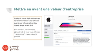 Mettre en avant une valeur d’entreprise
L’objectif est de vous différencier
de la concurrence. C’est efficace
quand ces valeurs relèvent du
champ moral ou sociétal.
Bien entendu, les valeurs se
démontrent. Si vous vous affirmez
“client centric”, il vaut mieux le
prouver.
 