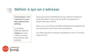 Définir à qui on s’adresse
Communiquer, c’est
s’adresser à un (ou
des) public(s) bien
défini(s).
La stratégie
éditoriale définit le
ciblage que vous
mettez en oeuvre
pour toucher ce(s)
public(s).
Vous pouvez tout à fait décider de vous adresser à plusieurs
profils de publics. Chacun de ces profils correspond à un
segment de votre marché.
Dans ce cas, vous devrez travailler séparément les objectifs que
vous poursuivez avec chacun de ces segments.
Ces cibles peuvent se recouper partiellement, mais ce n’est pas
toujours le cas.
 