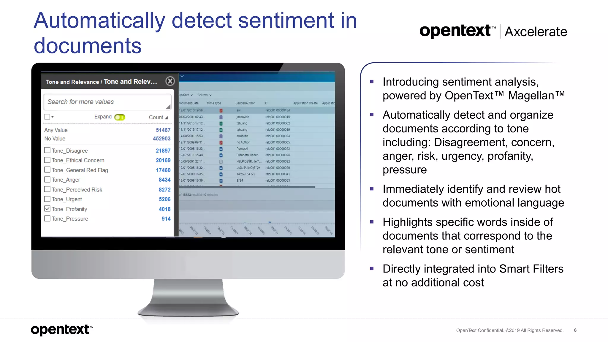 OpenText Confidential. ©2019 All Rights Reserved. 6
 Introducing sentiment analysis,
powered by OpenText™ Magellan™
 Automatically detect and organize
documents according to tone
including: Disagreement, concern,
anger, risk, urgency, profanity,
pressure
 Immediately identify and review hot
documents with emotional language
 Highlights specific words inside of
documents that correspond to the
relevant tone or sentiment
 Directly integrated into Smart Filters
at no additional cost
Automatically detect sentiment in
documents
 