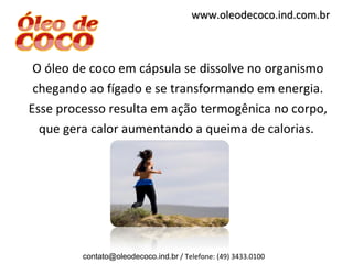 O óleo de coco em cápsula se dissolve no organismo chegando ao fígado e se transformando em energia. Esse processo resulta em ação termogênica no corpo, que gera calor aumentando a queima de calorias.  [email_address]  / Telefone: (49) 3433.0100 www.oleodecoco.ind.com.br 