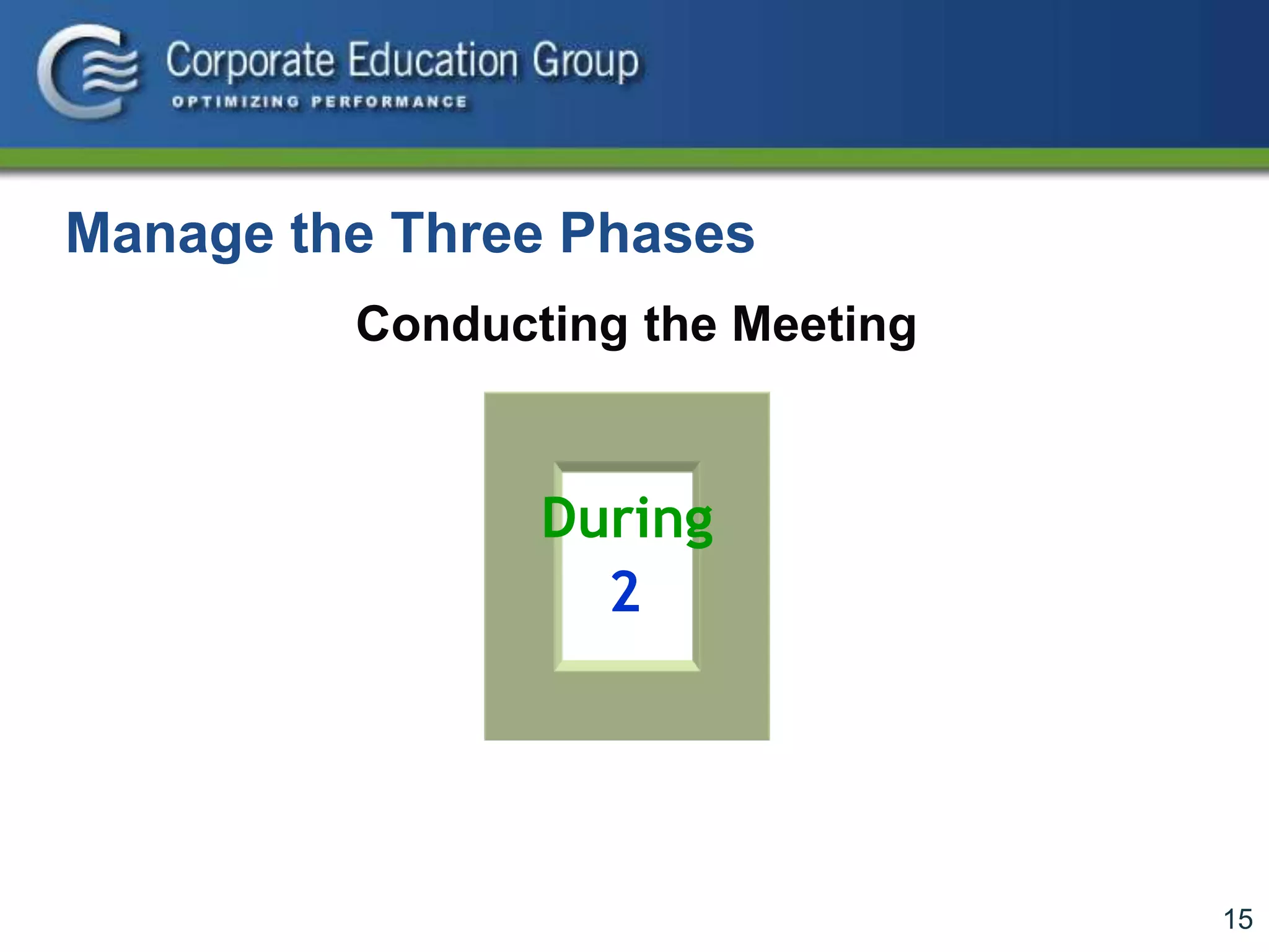 15
Manage the Three Phases
Conducting the Meeting
During
2
 