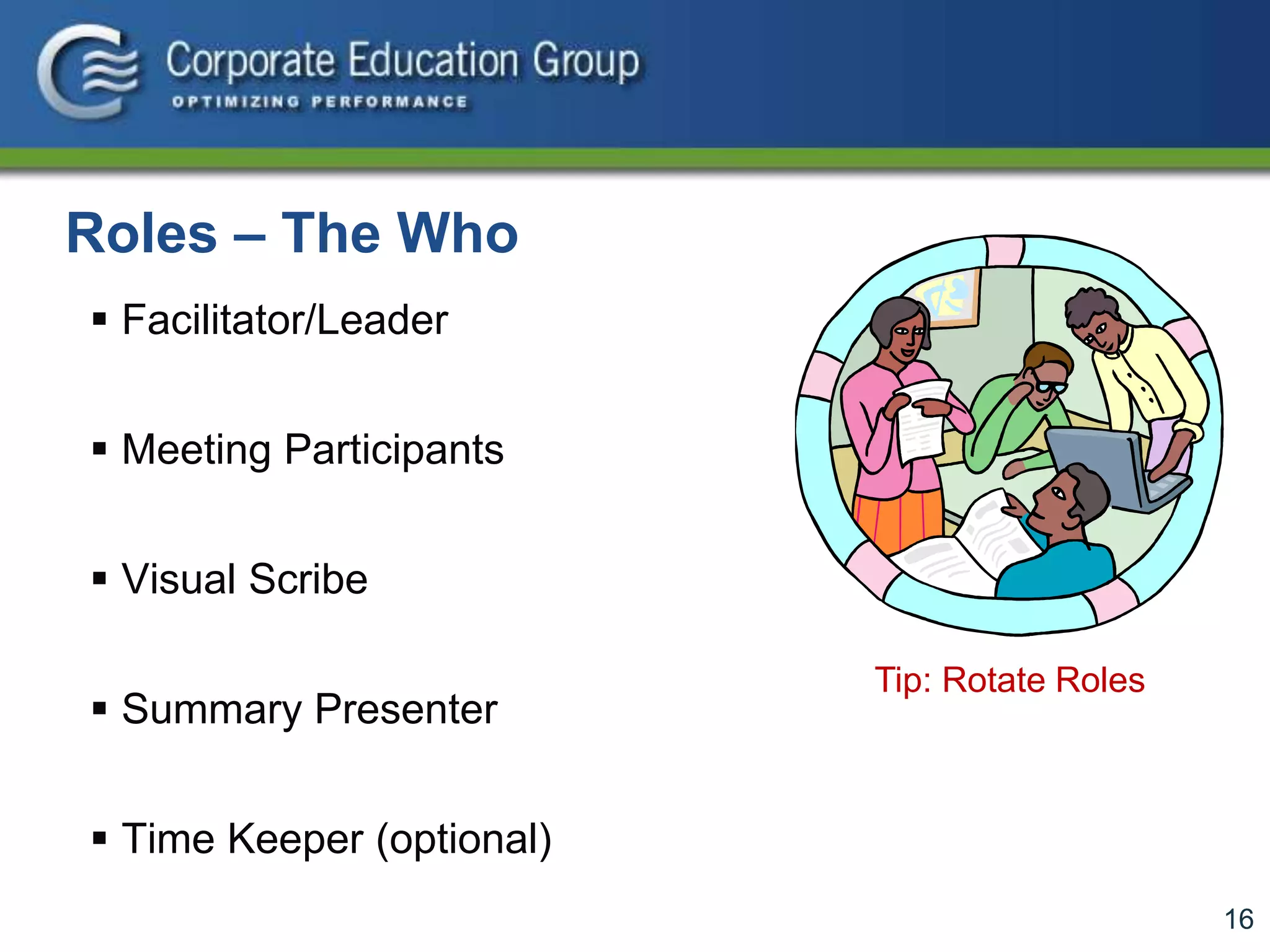 16
Roles – The Who
 Facilitator/Leader
 Meeting Participants
 Visual Scribe
 Summary Presenter
 Time Keeper (optional)
Tip: Rotate Roles
 