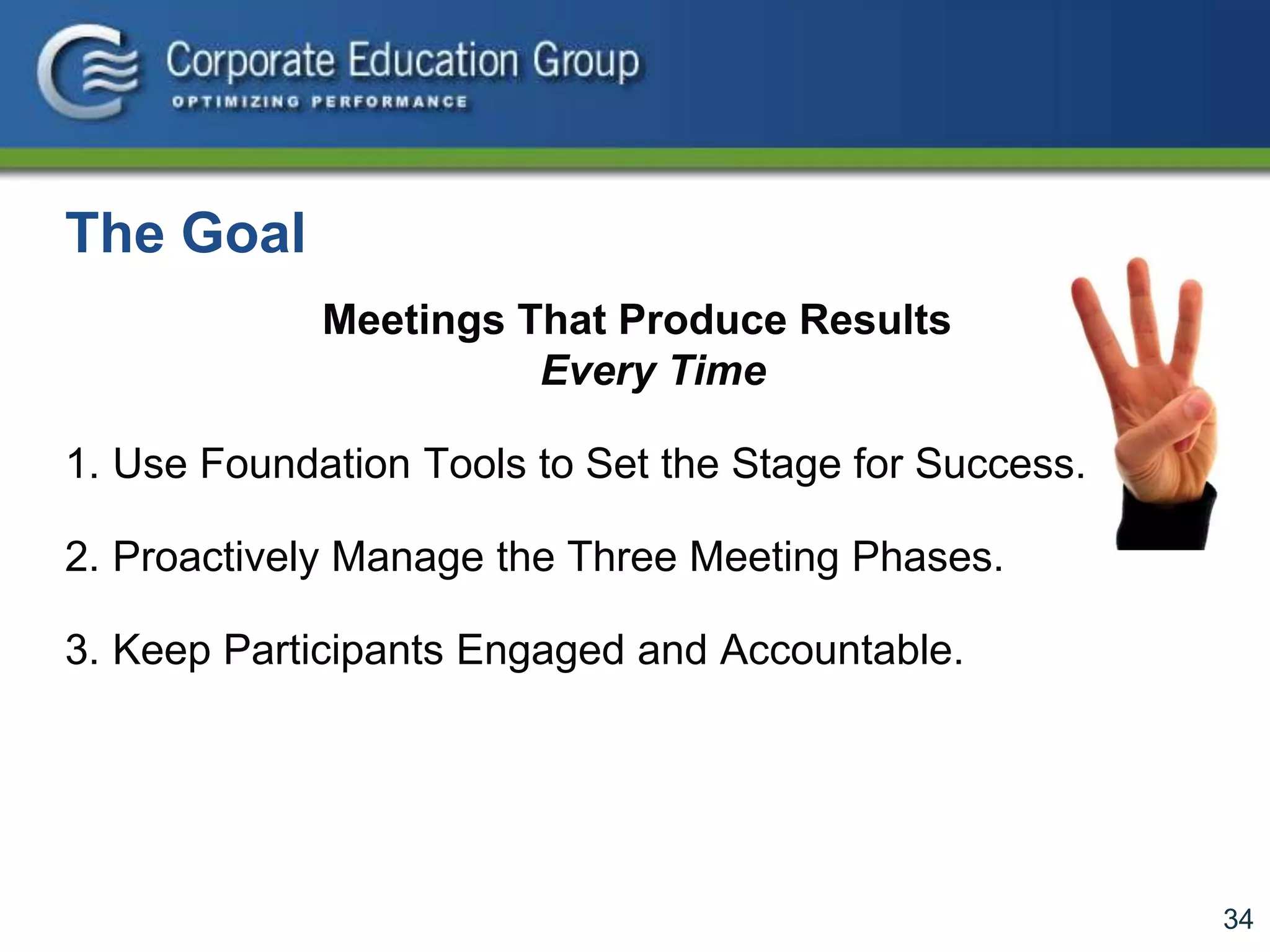 34
The Goal
Meetings That Produce Results
Every Time
1. Use Foundation Tools to Set the Stage for Success.
2. Proactively Manage the Three Meeting Phases.
3. Keep Participants Engaged and Accountable.
 