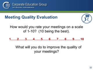 32
How would you rate your meetings on a scale
of 1-10? (10 being the best).
1……2……3……4……5……6……7……8……9……10
What will you do to improve the quality of
your meetings?
Meeting Quality Evaluation
 