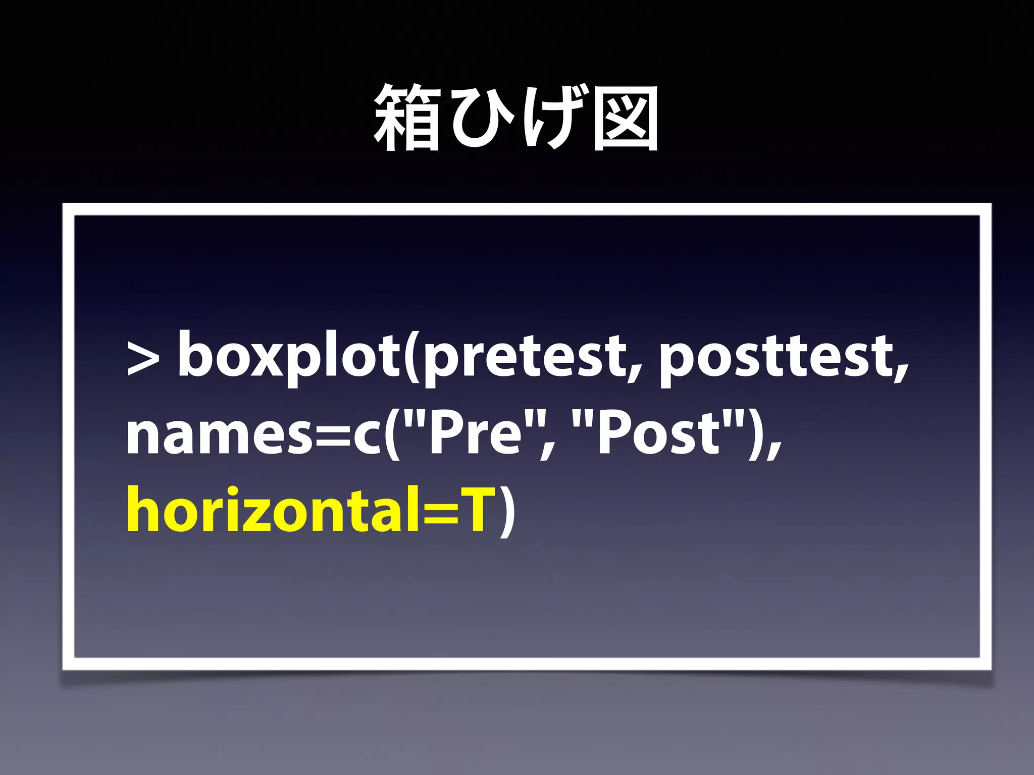 箱ひげ図
> boxplot(pretest, posttest,
names=c("Pre", "Post"),
horizontal=T)
 
