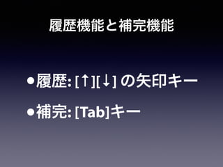 履歴機能と補完機能
•履歴: [↑][↓] の矢印キー
•補完: [Tab]キー
 
