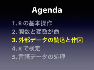Agenda
1. R の基本操作
2. 関数と変数が命
3. 外部データの読込と作図
4. R で検定
5. 言語データの処理
 