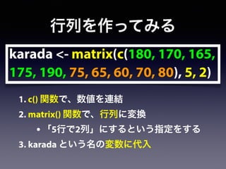 karada <- matrix(c(180, 170, 165,
175, 190, 75, 65, 60, 70, 80), 5, 2)
行列を作ってみる
1. c() 関数で、数値を連結
2. matrix() 関数で、行列に変換
• 「5行で2列」にするという指定をする
3. karada という名の変数に代入
 