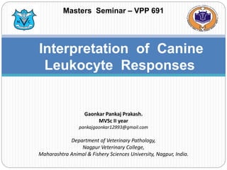 Interpretation of Canine
Leukocyte Responses
Gaonkar Pankaj Prakash.
MVSc II year
pankajgaonkar12993@gmail.com
Department of Veterinary Pathology,
Nagpur Veterinary College,
Maharashtra Animal & Fishery Sciences University, Nagpur, India.
Masters Seminar – VPP 691
 