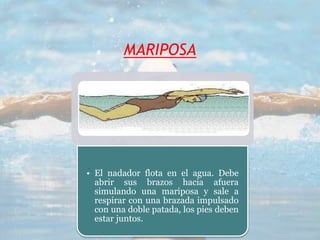MARIPOSA
• El nadador flota en el agua. Debe
abrir sus brazos hacia afuera
simulando una mariposa y sale a
respirar con una brazada impulsado
con una doble patada, los pies deben
estar juntos.
 