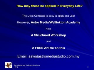 How may these be applied in Everyday Life?


          The Life’s Compass is easy to apply and use!

   However, Astro Media/Wellinkton Academy
                                     Have

                      A Structured Workshop
                                     And

                       A FREE Article on this

    Email: ask@astromediastudio.com.my

Astro Media and Wellinkton Academy
 2012                                                    7
 