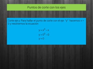 Puntos de corte con los ejes
Corte eje y: Para hallar el punto de corte con el eje “y” hacemos x =
0 y resolvemos la ecuación
0y
00y
xxy
3
3



 