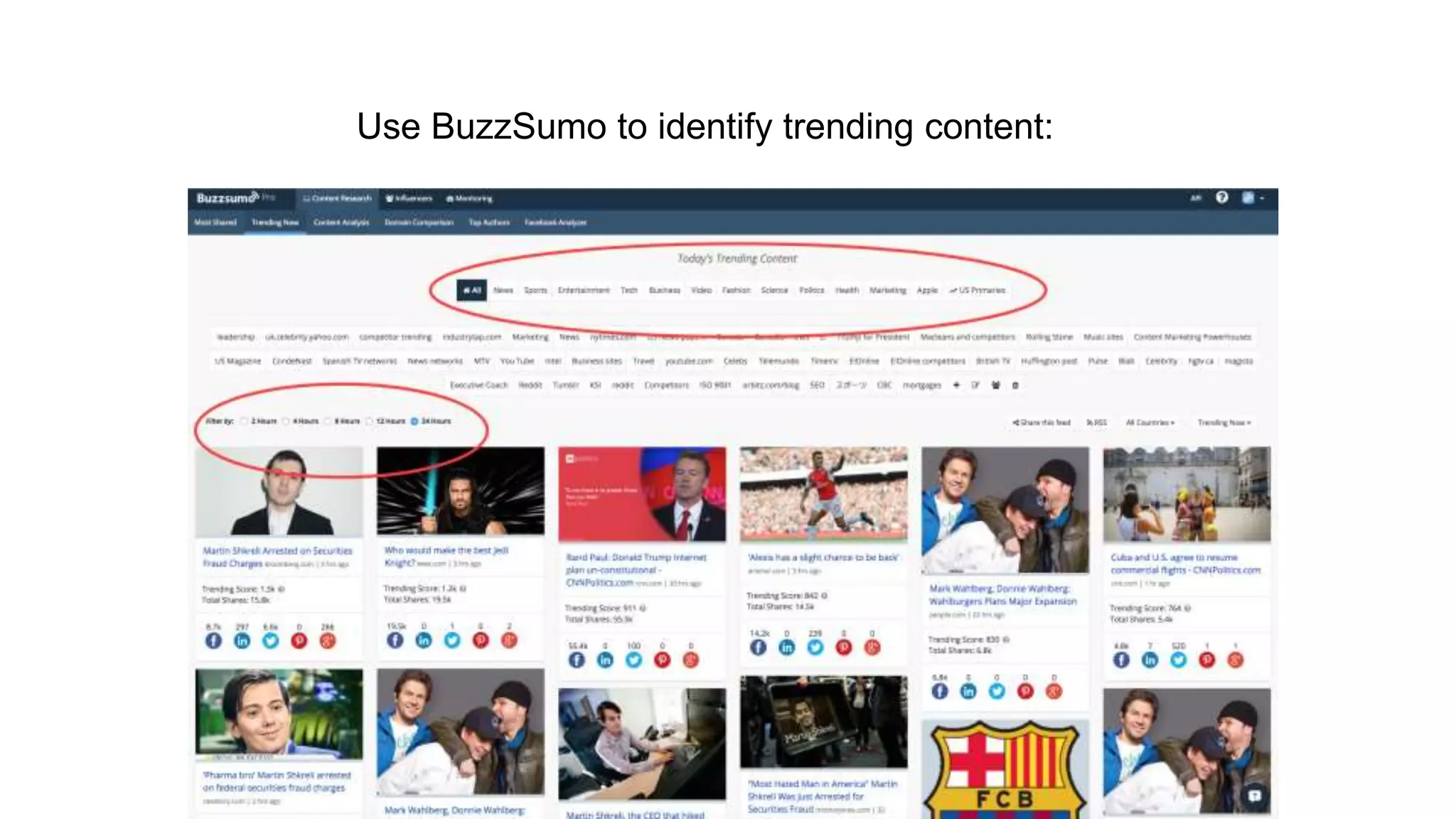 Use BuzzSumo to identify trending content:
 