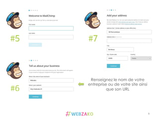 8	
  
#5
#6
#7
Renseignez le nom de votre
entreprise ou de votre site ainsi
que son URL
 