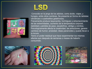 Conocido en la jerga de los adictos, como ácido, viajes, y
hongos, entre otros nombres. Se presenta en forma de tabletas
cilíndricas o cuadraditos gelatinosos.
Físicamente produce taquicardia, hormigueo y entumecimiento
de las extremidades, aumento de la temperatura corporal,
debilidad y pérdida de peso, escalofríos, vértigo y vómitos.
Psicológicamente afecta la creatividad, las emociones, genera
cambios de humor, ansiedad, ideas paranoides y puede llevar a
la locura.
Tiene un poder residual que hace experimentar los mismos
efectos aun después de semanas o meses de haberlo
consumido.
 