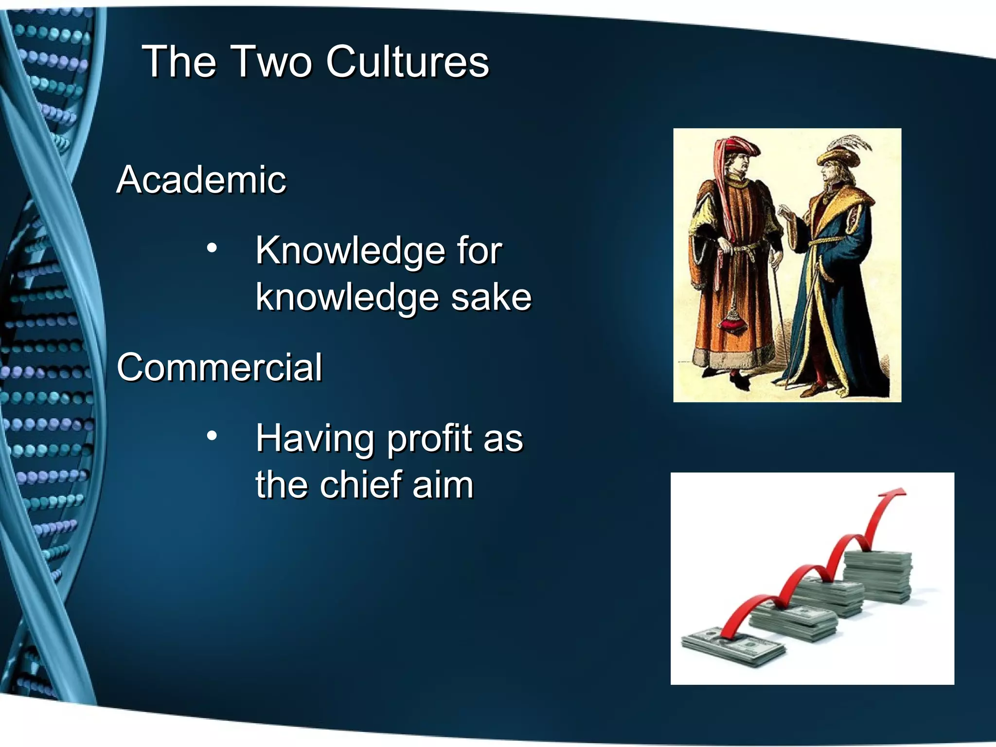 The Two Cultures

Academic
    • Knowledge for
      knowledge sake
Commercial
    • Having profit as
      the chief aim
 