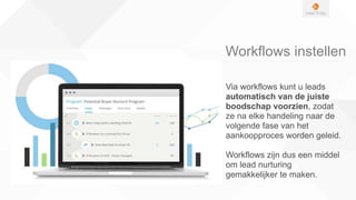 Workflows instellen
Via workflows kunt u leads
automatisch van de juiste
boodschap voorzien, zodat
ze na elke handeling naar de
volgende fase van het
aankoopproces worden geleid.
Workflows zijn dus een middel
om lead nurturing
gemakkelijker te maken.
 