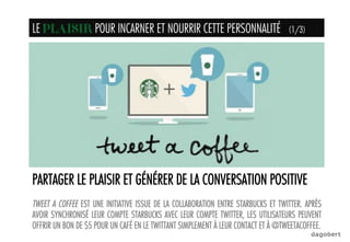 PARTAGER LE PLAISIR ET GÉNÉRER DE LA CONVERSATION POSITIVE
TWEET A COFFEE EST UNE INITIATIVE ISSUE DE LA COLLABORATION ENTRE STARBUCKS ET TWITTER. APRÈS
AVOIR SYNCHRONISÉ LEUR COMPTE STARBUCKS AVEC LEUR COMPTE TWITTER, LES UTILISATEURS PEUVENT
OFFRIR UN BON DE $5 POUR UN CAFÉ EN LE TWITTANT SIMPLEMENT À LEUR CONTACT ET À @TWEETACOFFEE.
LE PLAISIR POUR INCARNER ET NOURRIR CETTE PERSONNALITÉ (1/3)PLAISIR	
  
 