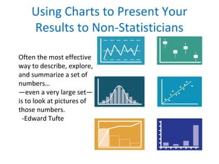 Using Charts to Present Your
Results to Non-Statisticians
Often the most effective
way to describe, explore,
and summarize a set of
numbers…
—even a very large set—
is to look at pictures of
those numbers.
-Edward Tufte
 