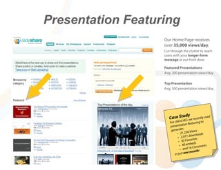 Presentation Featuring
                   Our Home Page receives
                   over 35,000 views/day.
                   Cut through the clutter to reach
                   users with your longer-form
                   message at our front door.

                   Featured Presentations
                   Avg. 200 presentation views/day

                   Top Presentation
                   Avg. 500 presentation views/day




                             udy
                      Case StHCL we recently used
                                  t
                      For clien n featuring to
                                    tio
                      presenta
                       generat    e:
                                          Views
                            • 21,236              s
                                          ownload
                             • 2,971 d es
                                          orit
                              • 92 Fav s
                                          bed
                               • 40 em               s
                                              omment
                                •    and 16 C !
                                        e month
                          in just on
 
