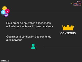 Pour créer de nouvelles expériences
utilisateurs / lecteurs / consommateurs
Optimiser la connexion des contenus
aux individus
CONTENUS
 