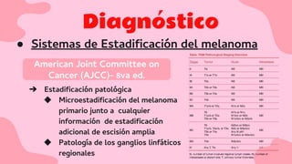 Diagnóstico
● Sistemas de Estadiﬁcación del melanoma
American Joint Committee on
Cancer (AJCC)- 8va ed.
➔ Estadiﬁcación patológica
◆ Microestadiﬁcación del melanoma
primario junto a cualquier
información de estadiﬁcación
adicional de escisión amplia
◆ Patología de los ganglios linfáticos
regionales
 