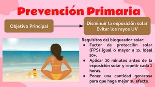 Prevención Primaria
Objetivo Principal
Disminuir la exposición solar
Evitar los rayos UV
Requisitos del bloqueador solar:
● Factor de protección solar
(FPS) igual o mayor a 15. Ideal
50+.
● Aplicar 20 minutos antes de la
exposición solar y repetir cada 2
horas.
● Poner una cantidad generosa
para que haga mejor su efecto.
 