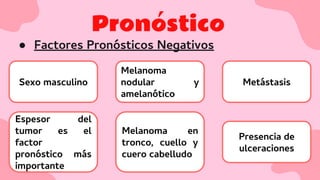 Pronóstico
● Factores Pronósticos Negativos
Sexo masculino
Melanoma
nodular y
amelanótico
Metástasis
Espesor del
tumor es el
factor
pronóstico más
importante
Melanoma en
tronco, cuello y
cuero cabelludo
Presencia de
ulceraciones
 